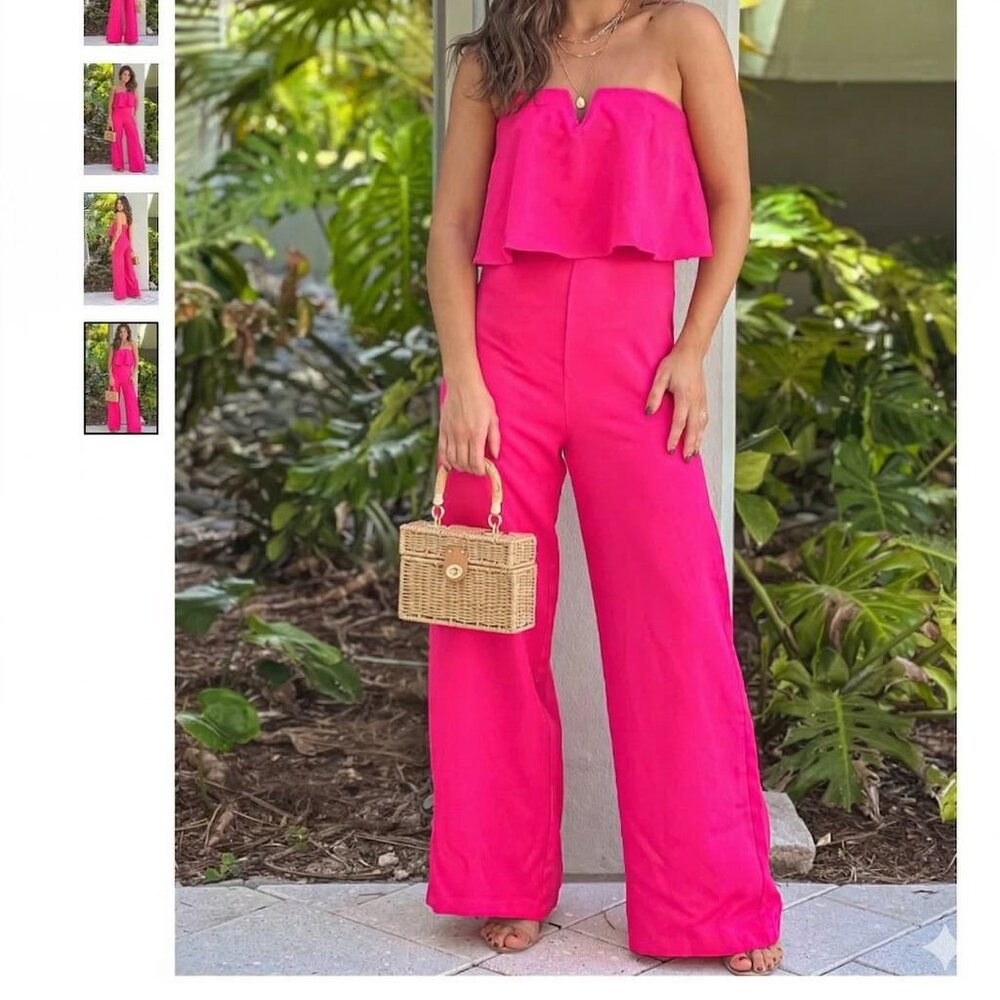 Hot Barbie pink strapless strappy back wide leg jumpsuit